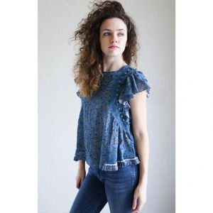 EUC $295 Sea New York Khloe Printed Pom Pom Blouse - Floral Ruffle Pleated Top